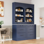 84" Tall Kitchen Pantry, Display Cupboard Cabinet with Storage, Modern Freestanding Kitchen Hutch with 5 Drawers and Adjustable Shelves, Wood Storage Cabinet for Kitchen, Blue, Set of 2