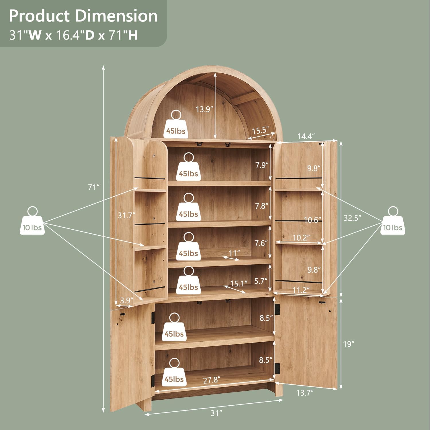 IFGET 71" Tall Arched Kitchen Pantry, Modern Fluted Wood Storage Cabinet with Doors, 3 Adjustable Shelves, 6 Door Shelves, Organizer, Versatile Cupboard for Kitchen, Bathroom, Natural
