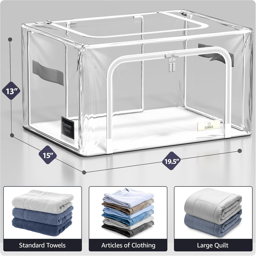 Sorbus Storage Bins with Metal Frame - Stackable & Foldable Clothes Organizer Bags - Clear Soft Plastic Storage Containers (2 Pack, Medium)