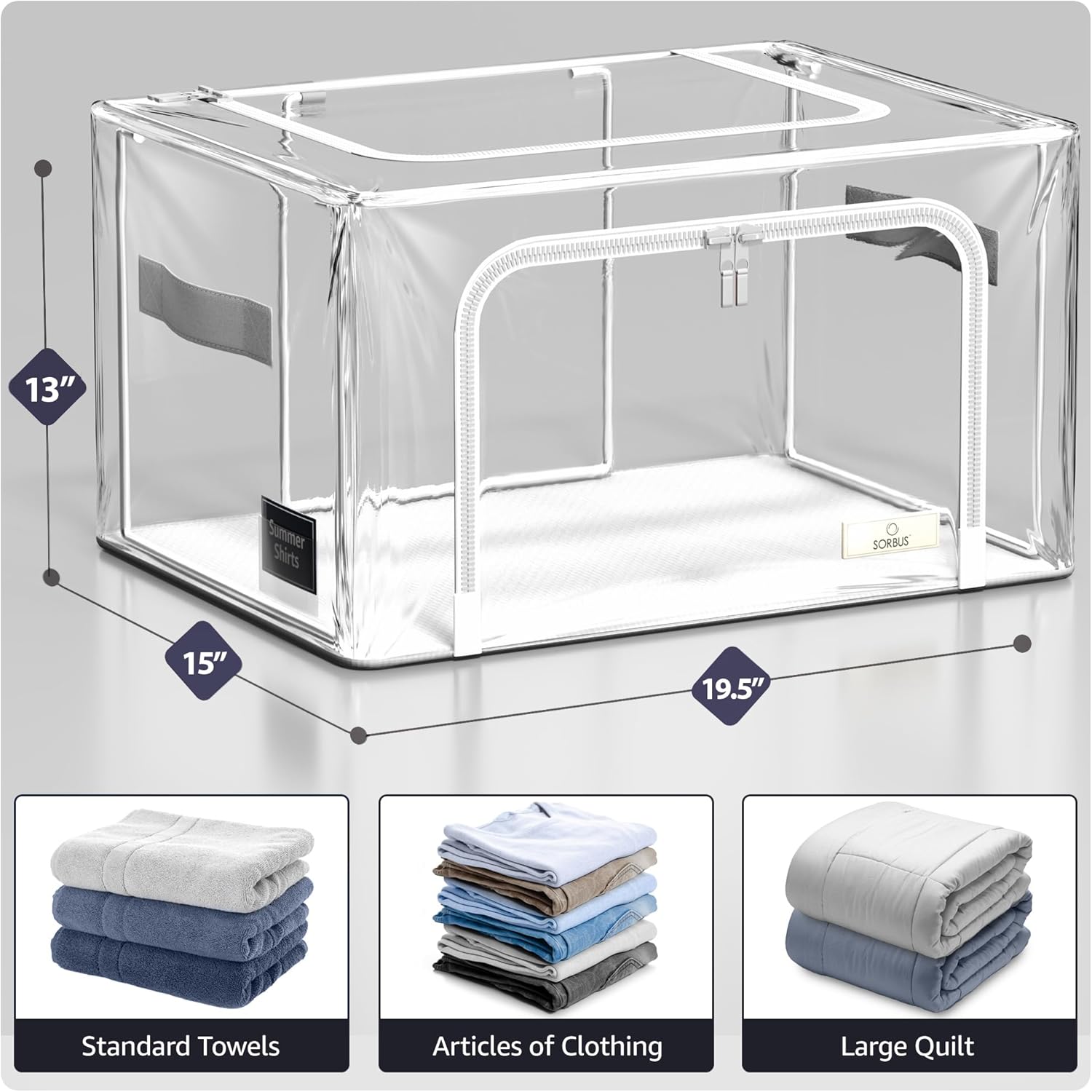 Sorbus Storage Bins with Metal Frame - Stackable & Foldable Clothes Organizer Bags - Clear Soft Plastic Storage Containers (2 Pack, Medium)