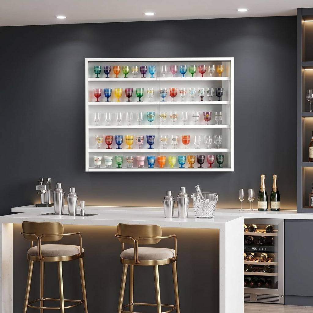 5-Tier Wall Mounted Shot Glass Display Case, No Assembly Required Wine Glass Display Cabinet with Glass Door & Adjustable Shelves, Bar Cabinet for Liquor Glasses, Bedroom Playroom, White
