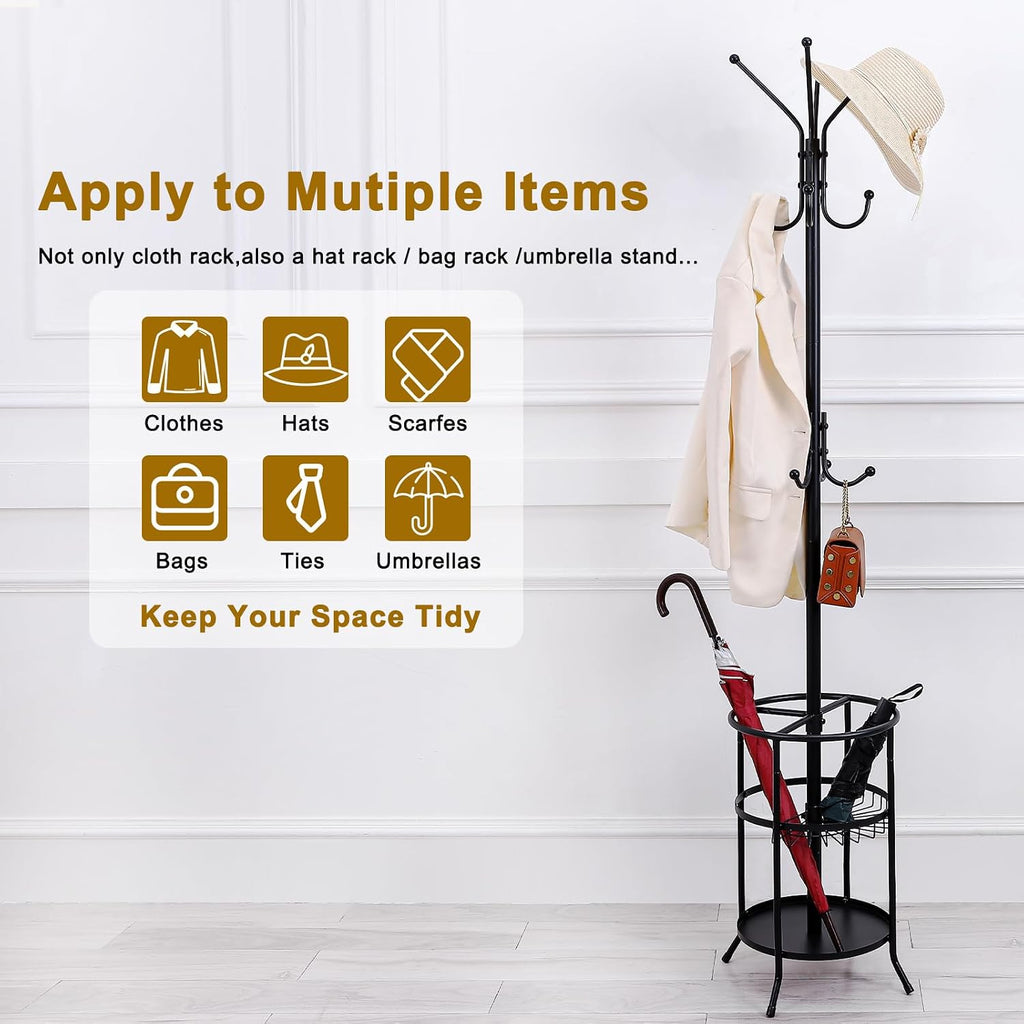 Freestanding Coat Rack with Umbrella Holder,Metal Coat Tree with 12 Hooks for Hanging Coat,Hats,Bag, Black Modern Coat Rack Stand Umbrella Stand for Entryway, Living Room, Bedroom, Office