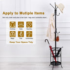 Freestanding Coat Rack with Umbrella Holder,Metal Coat Tree with 12 Hooks for Hanging Coat,Hats,Bag, Black Modern Coat Rack Stand Umbrella Stand for Entryway, Living Room, Bedroom, Office