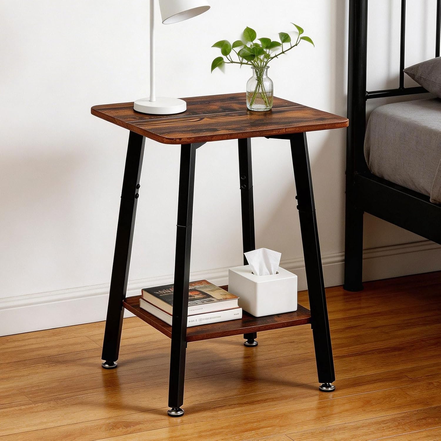 King Oasis 2-Tier Small Side Table for Living Room, End Table with Storage Shelf, Wood & Metal Bedside Table Nightstand for Small Spaces, Sturdy Sofa Side Table for Bedroom, Rustic Brown 2pcs