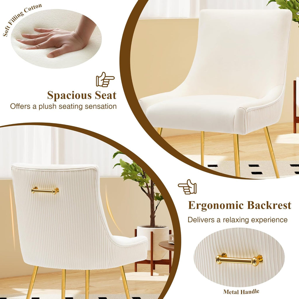adochr Velvet Dining Chairs Set of 4, Modern Upholstered Kitchen Chair with Pull Handle & Pleated Back, Mid Century Accent Chair with Gold Metal Legs for Vanity,Dining,Kitchen,Living Room, Beige