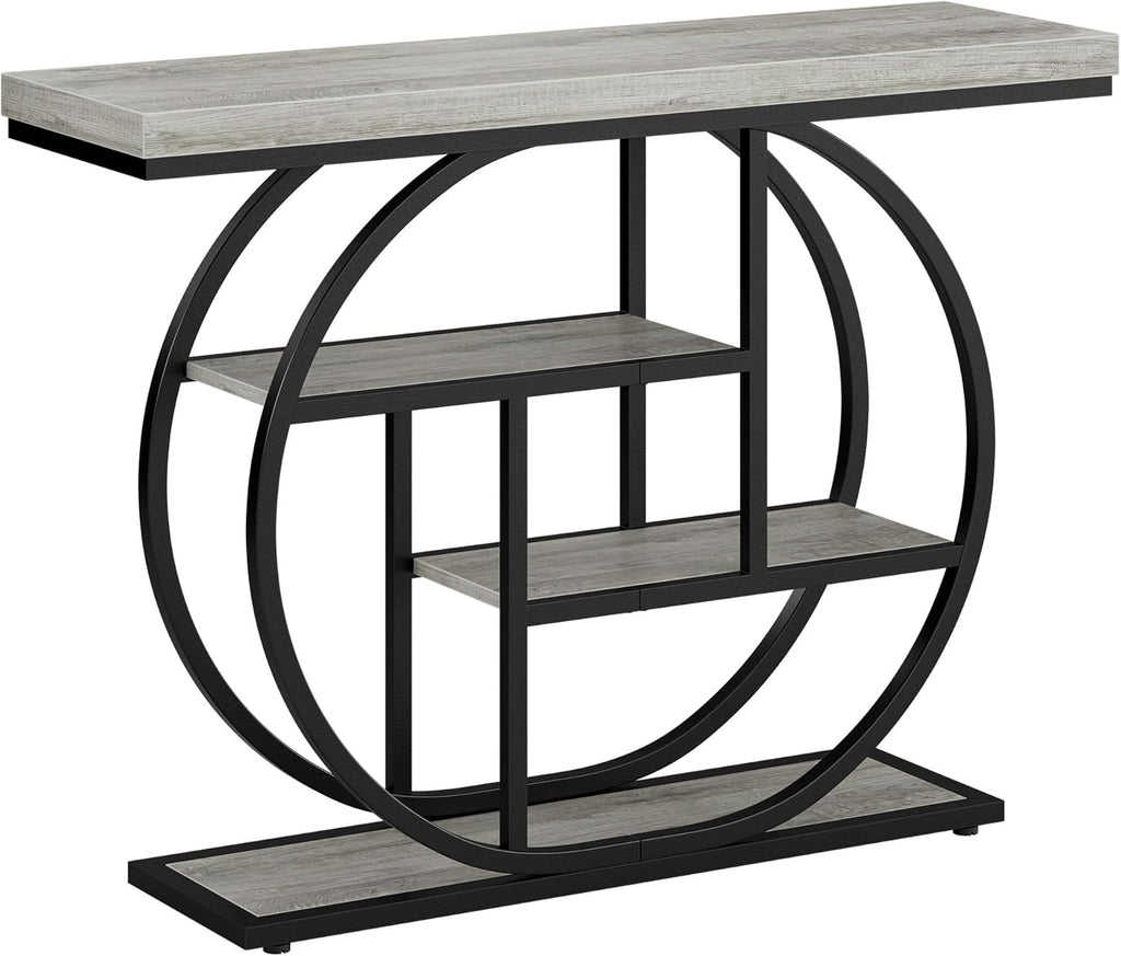 41.3" Console Table, Modern Sofa Table with Circle Base, 4-Tier Narrow Entryway Table for Hallway, Slim Industrial Accent Table with Storage Shelves for Living Room, Grey