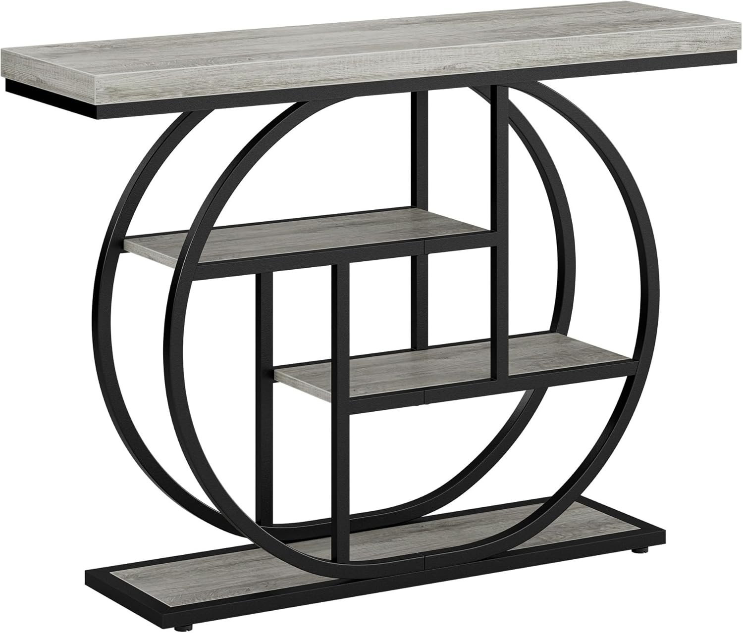 41.3" Console Table, Modern Sofa Table with Circle Base, 4-Tier Narrow Entryway Table for Hallway, Slim Industrial Accent Table with Storage Shelves for Living Room, Grey