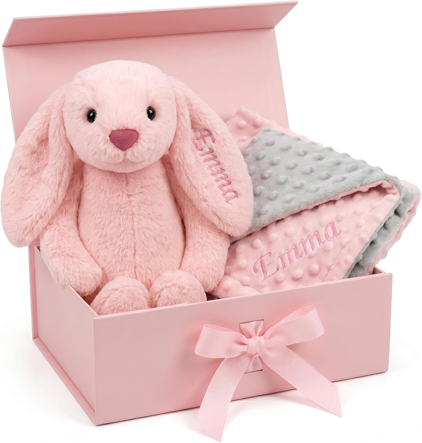 Terwex Personalized Baby Blanket & Plush Bunny Set, Custom Baby Blankets for Girls Boys with Name, Customized 2-in-1 Dot Receiving Swaddle & Rabbit Set, Toddler Infant Gifts for Baby Shower Birthday