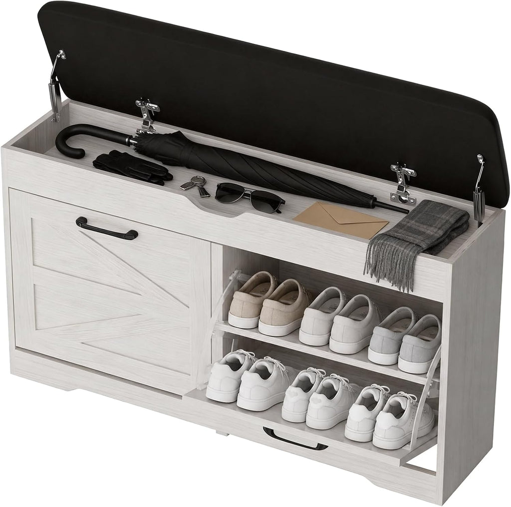 39" Shoe Storage Bench with Padded Seat Cushion & Lift Top Storage Box & 2 Flip Drawers, Small Entryway Shoe Rack Bench with 2 Doors and Adjustable Shelf, Shoes Cabinet for Hallway, Living Room, White