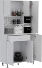 35.4" D*13.7" W*66.5" H Freestanding Kitchen Pantry with 2 Dawers, 4 Shelves, 2 Single Doors & 2 Double Doors, Rectangular Storage Cabinet, Modern, for Living Room, Dining Room, White
