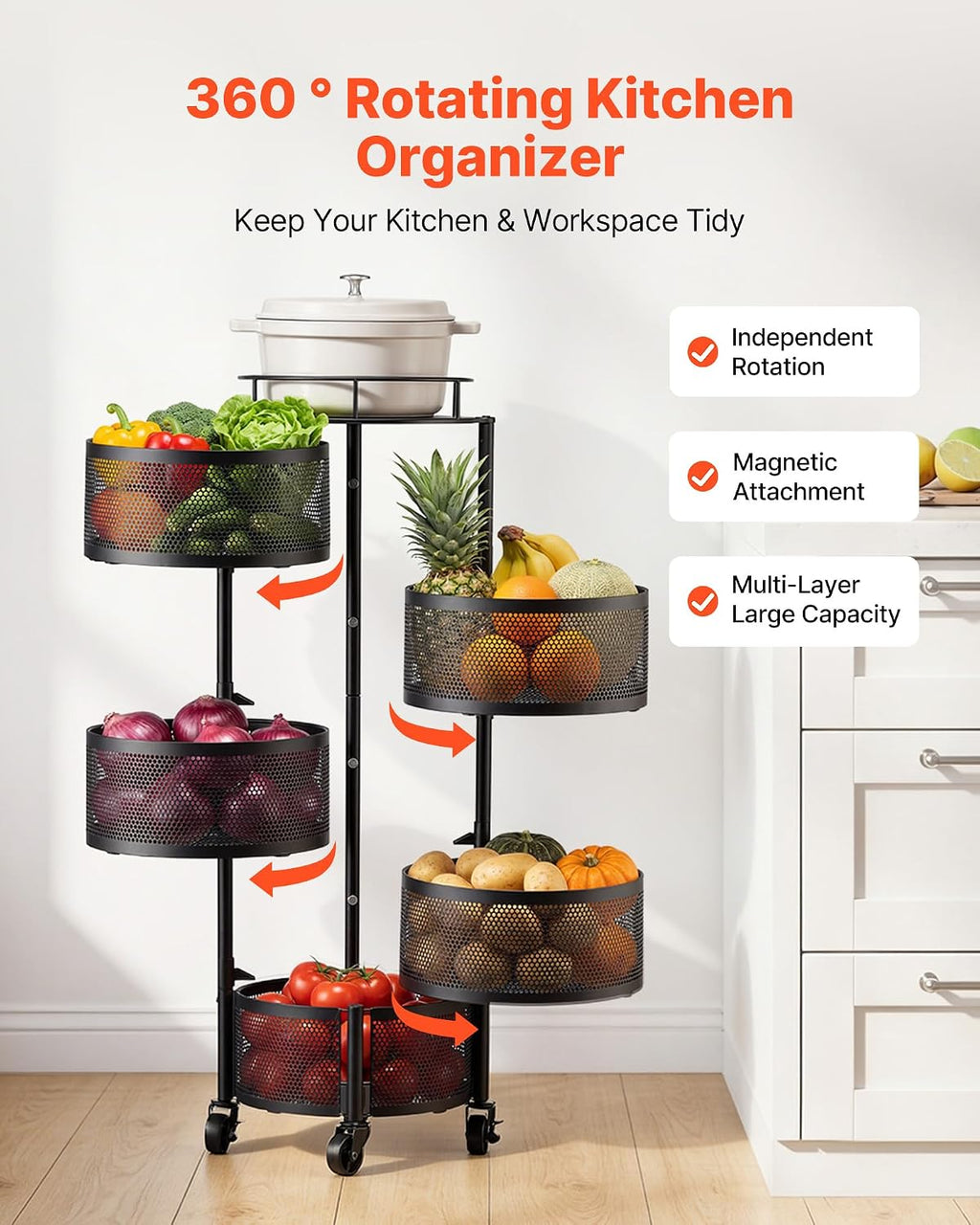 VEVOR Rotating Storage Rack Cart, 5 Tier Fruit and Vegetable Basket Bowls, Heavy Duty Wire Basket Organizer on Wheels, Large Capacity Stand with Metal Top Lid, for Kitchen Bathroom Nursery, Black