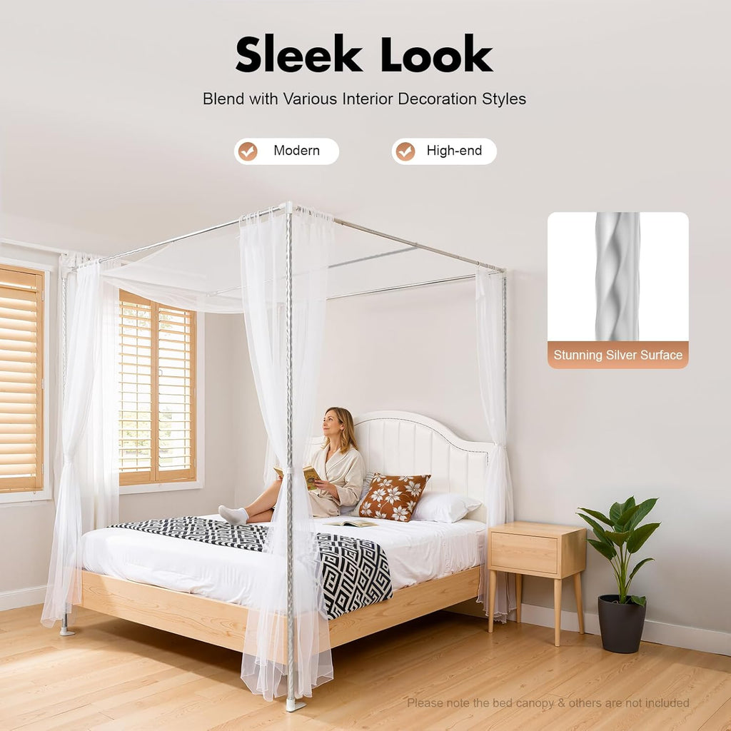 Canopy Bed Frame, Stainless Steel, Four Corner Bed Brackets with Extended Presser Feet, 3-Way Fixing Bed Net Stand, for Homes and Dormitories