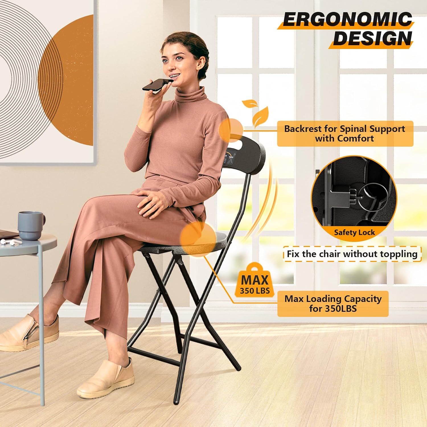 5Rcom Folding Stool, 2 Pack 18 inch Folding Bar Stool with Backrest and Handle, Foldable Stools for Adults Up to 350lbs, Collapsible Round Folding Counter Height Stool Chair for Camping Kitchen