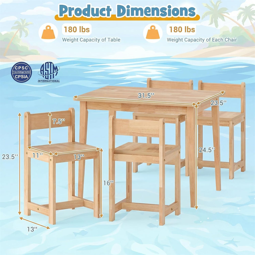 HONEY JOY Kids Table and Chairs, Wooden Activity Table with 4 Chairs Set for Crafts, Homework, Drawing & Snack Time, 5-Piece Playroom and Kindergarten Furniture Set for Children Ages 4+ (Natural)