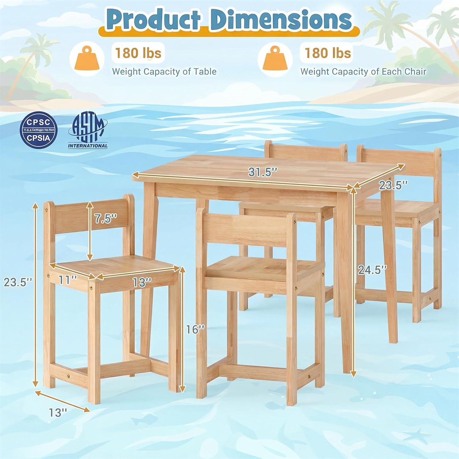 HONEY JOY Kids Table and Chairs, Wooden Activity Table with 4 Chairs Set for Crafts, Homework, Drawing & Snack Time, 5-Piece Playroom and Kindergarten Furniture Set for Children Ages 4+ (Natural)