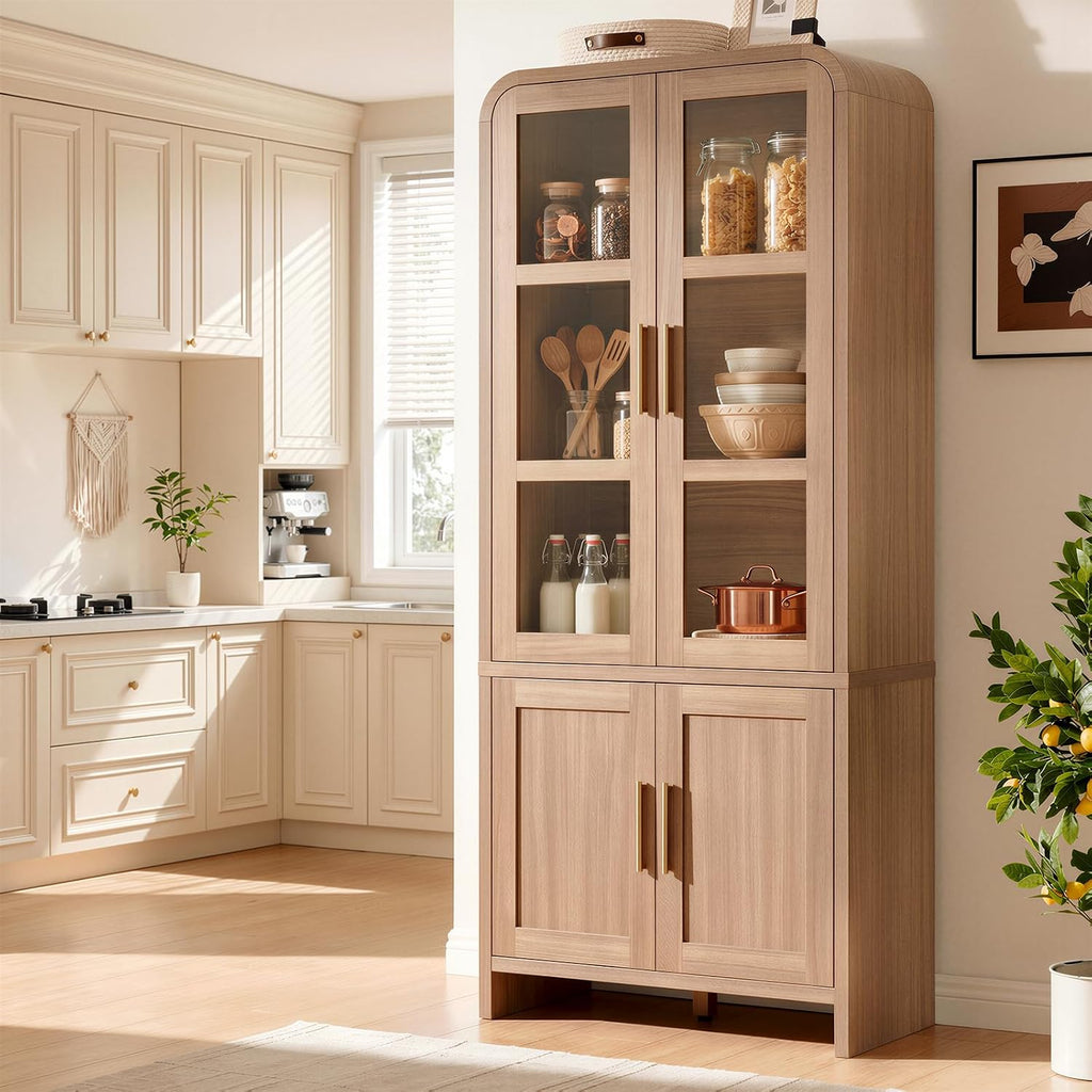 77" Tall Kitchen Pantry Cabinets, Wooden Curved Storage Cabinets with Adjustable Shelf, 1.18'' Panel Freestanding Cupboard for Dining Room, Living Room, Bathroom, Oak, 1Pcs