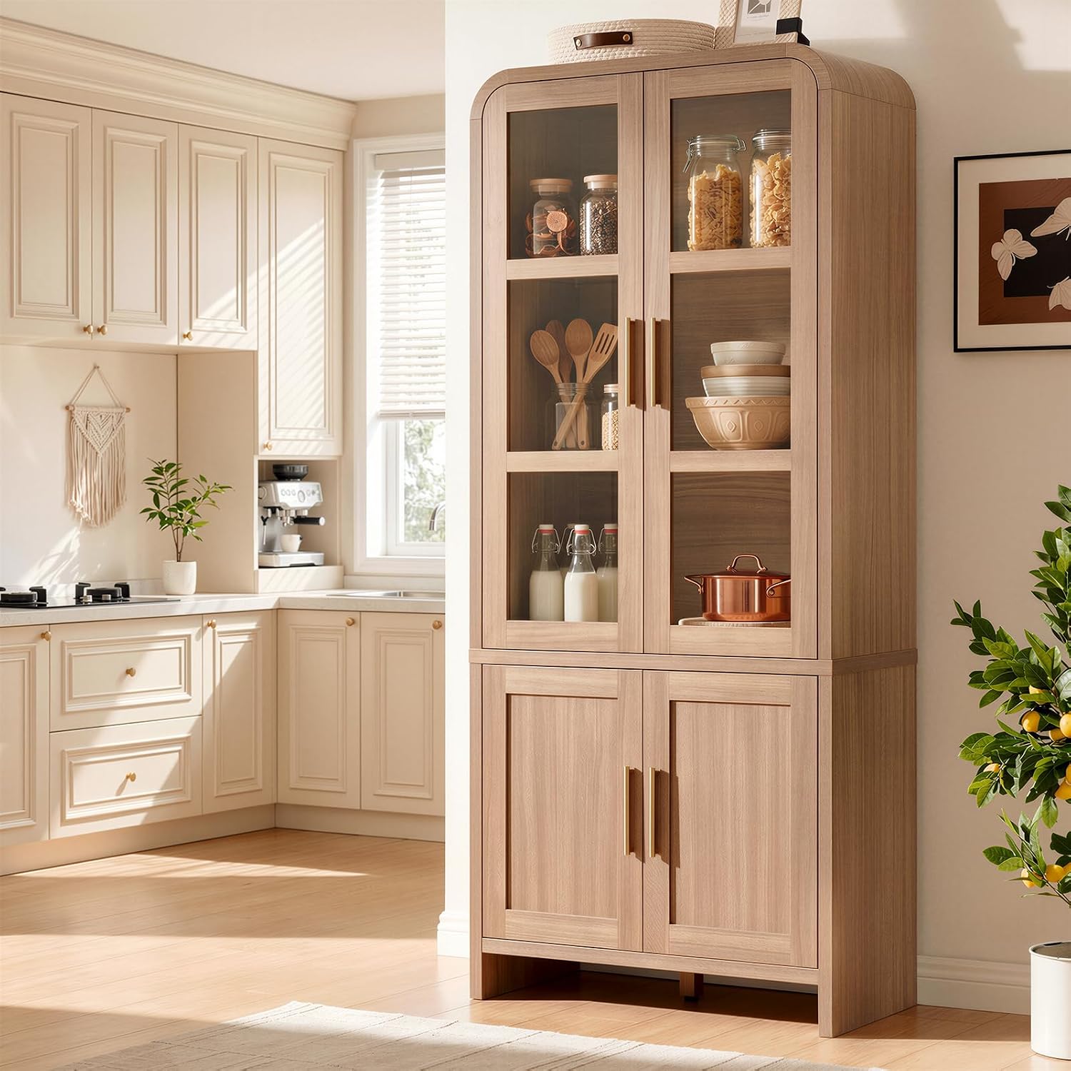 77" Tall Kitchen Pantry Cabinets, Wooden Curved Storage Cabinets with Adjustable Shelf, 1.18'' Panel Freestanding Cupboard for Dining Room, Living Room, Bathroom, Oak, 1Pcs