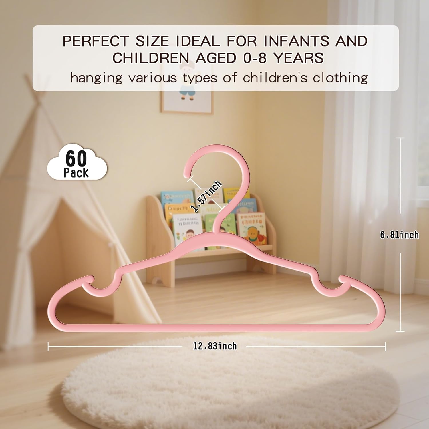 60 Pack Baby Plastic Hangers,12.83" Ultra-Thin,Non-Slip Hangers for Children. Ideal for Closets and Nurseries.Designed for Newborns and Children's Clothing,Including Trousers,Coat,Dresses.(Pink)