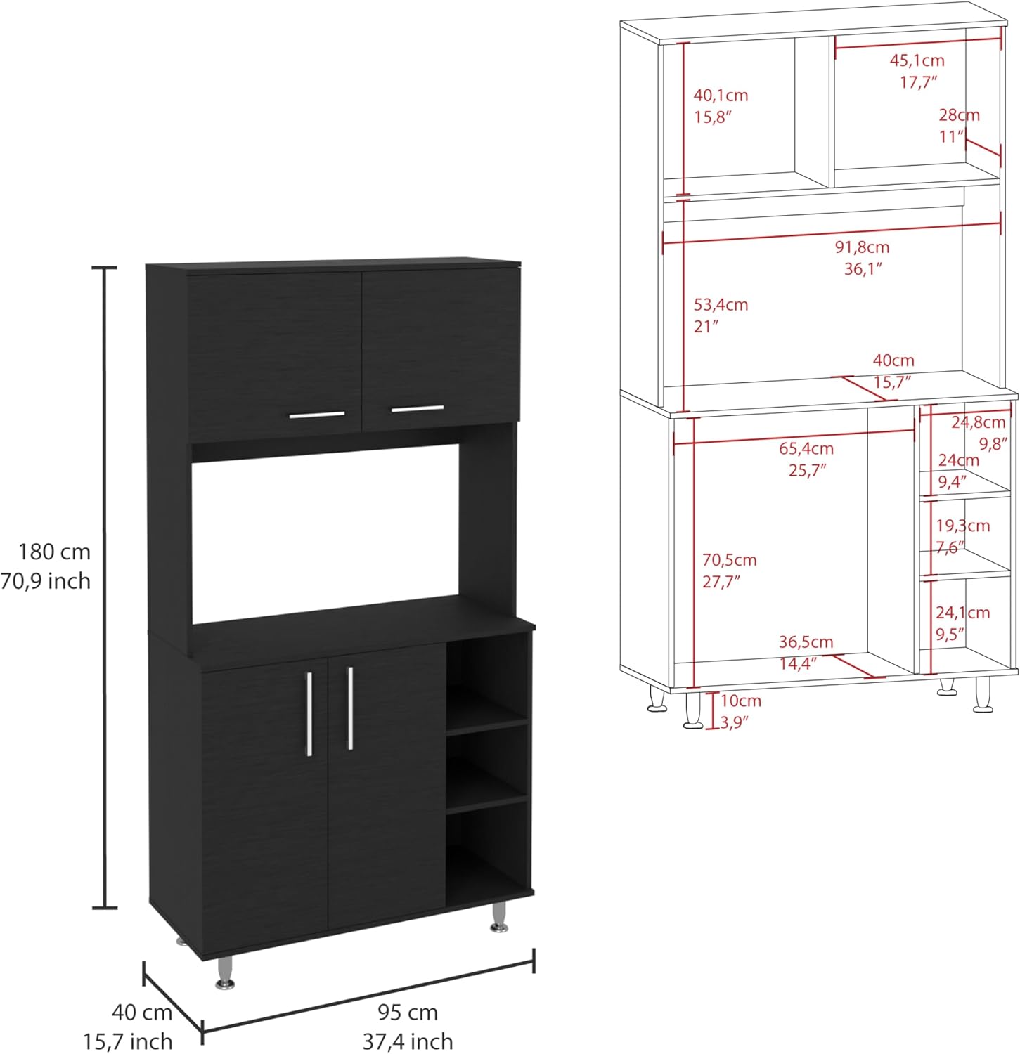 37.4" D*15.7" W*70.9" H Freestanding Kitchen Pantry with 2 Shelves, 2 Double Doors, 4 Sliver Legs, Rectangular Double Door Cabinet, Traditional, for Living Room, Dining Room, Black