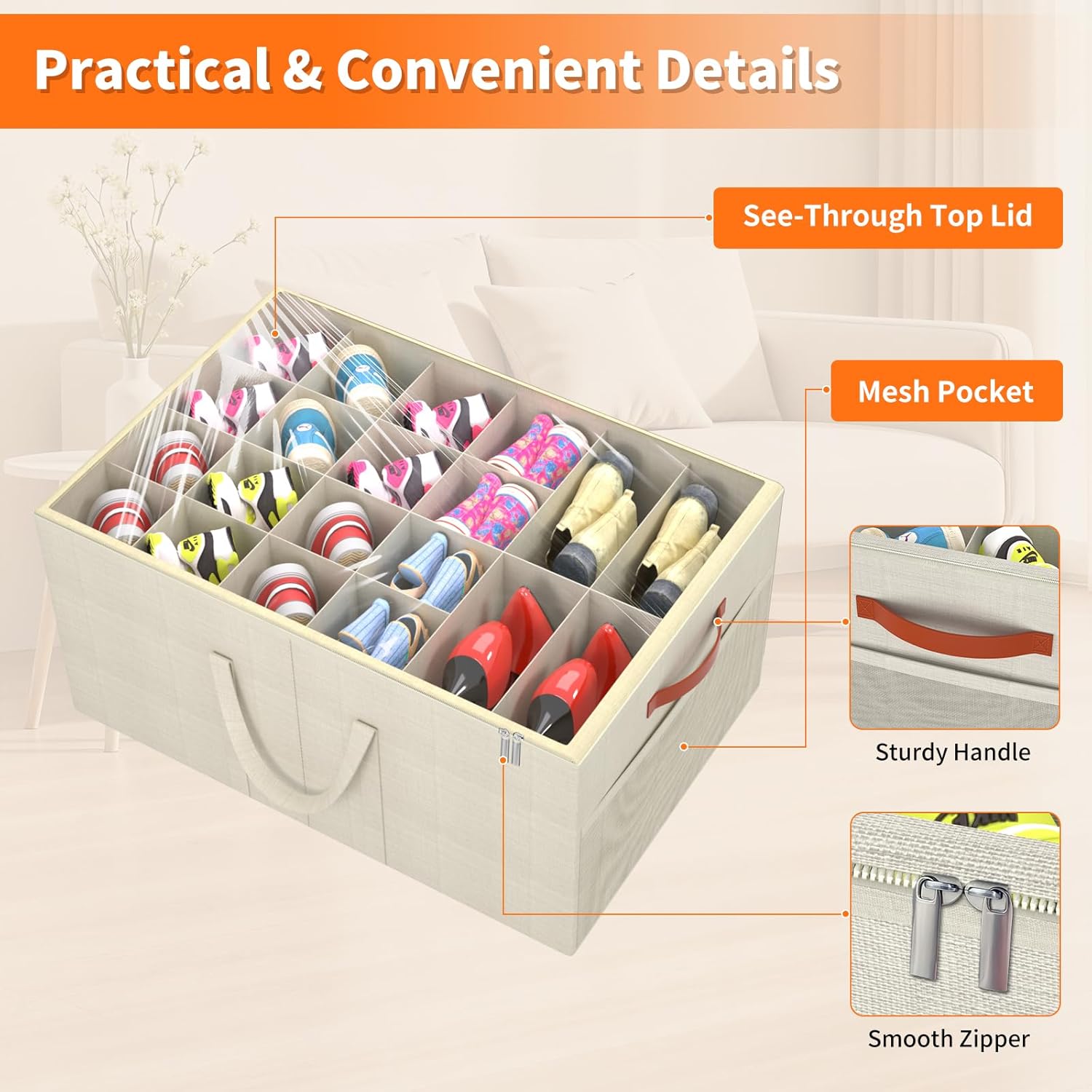 Aokeyee 2 Pack Shoe Organizer for Closet, Large Shoe Storage Box Fits up to 48 Pairs, Space Saving Foldable Shoes Organizer Bin w/Clear Cover and 4 Reinforced Handles, Beige