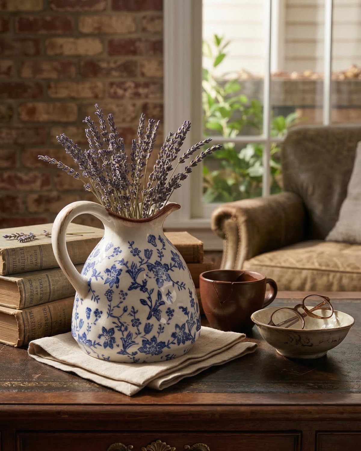 Blue and White Ceramic Vase with Handle – 7.28 Inch Vintage Crackle Glaze Pitcher Style Flower Vase, Chinoiserie Tuscan Decorative Jug for Shelf, Desk, Home Decor