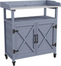 Outsunny Outdoor Wooden Potting Bench Table, Garden Workstation with Storage Cabinet, Aluminum Table Top, Rubber Wheels for Backyard, Patio, Balcony, Gray