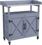 34" Rustic Freestanding Storage Chest, Accent Cabinets with Rubber Wheels, Utility Organizer with Aluminum Table Top for Patio, Gray