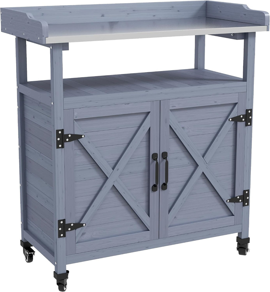 34" Rustic Freestanding Storage Chest, Accent Cabinets with Braked Wheels, Utility Organizer with Rust-Resistant Top for Patio, Gray