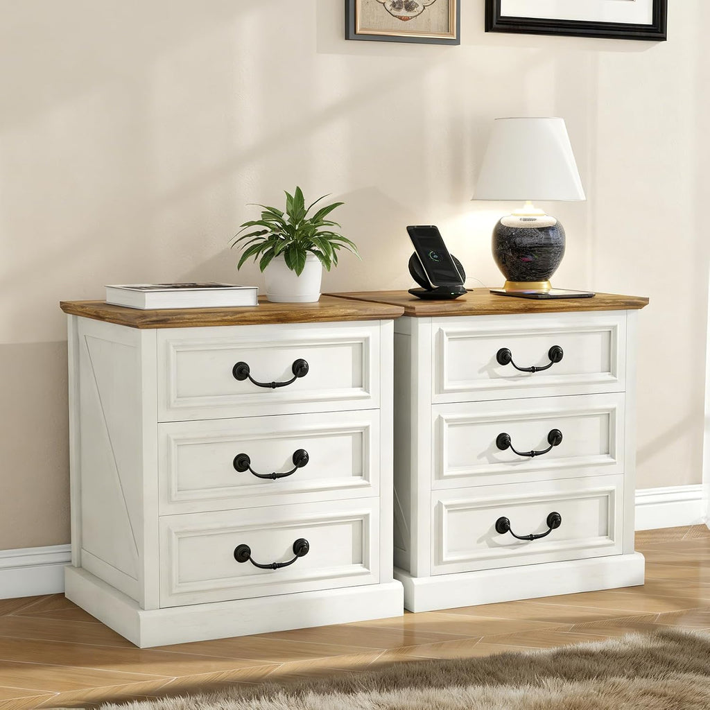 MUUEGM Night Stand with Charging Station Set of 2 Rustic White Bedside End Tables with 3 Large Storage Drawers & Vintage Handles Dresser Chest of Drawers for Bedroom, Living Room, Closet