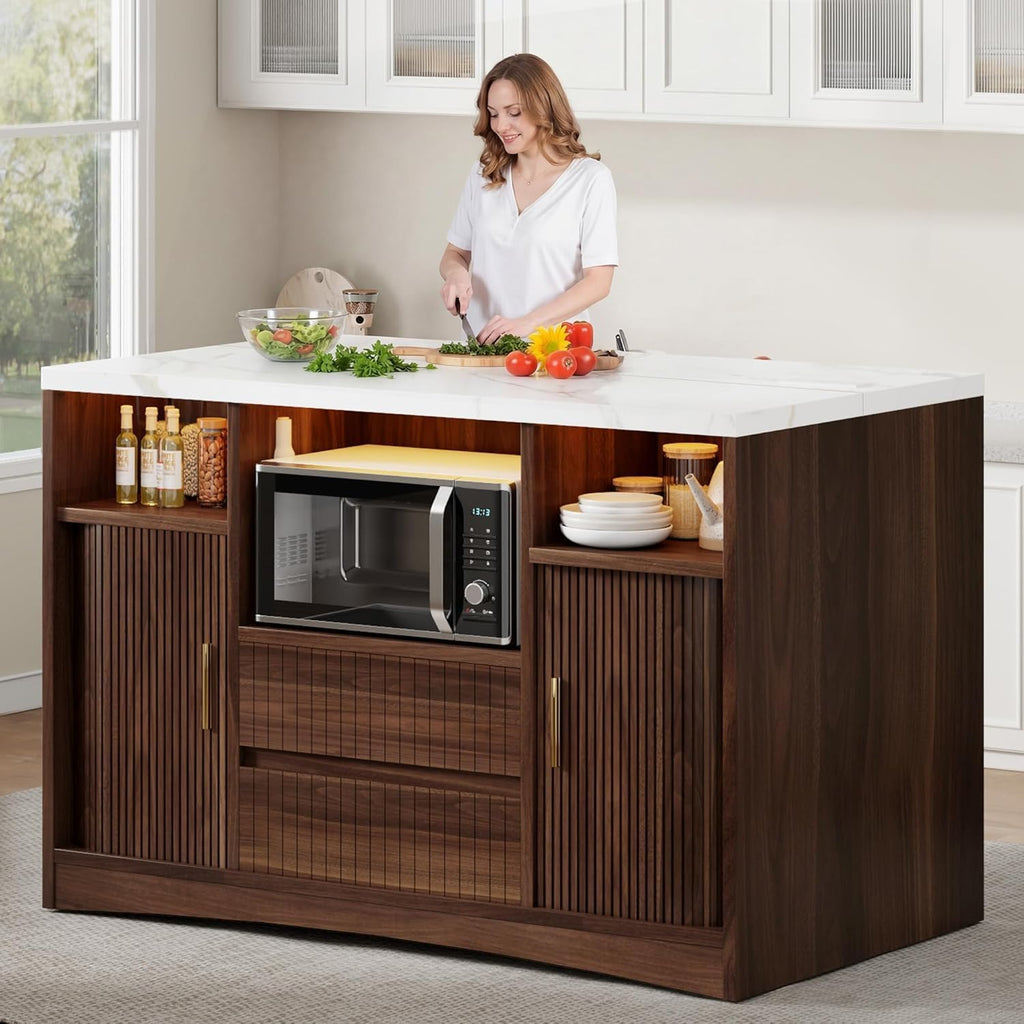 Kitchen Island with Power Outlet and LED Lights, 47" Rolling Kitchen Island Table with Storage, Marble Top Mobile Kitchen Cart on Wheels with Microwave Space & Drawers & Sliding Doors, Walnut