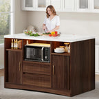 Kitchen Island with Power Outlet and LED Lights, 47" Rolling Kitchen Island Table with Storage, Marble Top Mobile Kitchen Cart on Wheels with Microwave Space & Drawers & Sliding Doors, Walnut