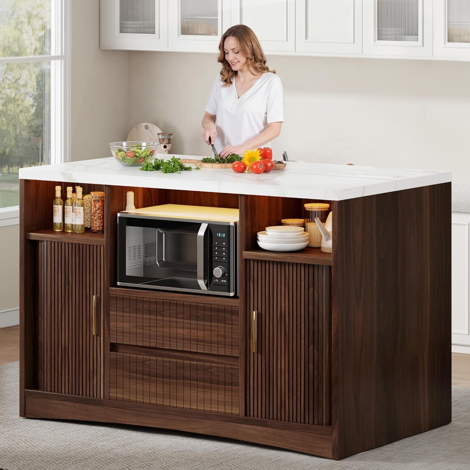 Kitchen Island with Power Outlet and LED Lights, 47" Rolling Kitchen Island Table with Storage, Marble Top Mobile Kitchen Cart on Wheels with Microwave Space & Drawers & Sliding Doors, Walnut