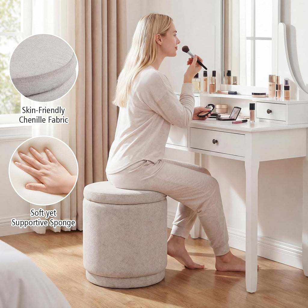 Giantex Round Ottoman with Storage, Chenille Fabric Vanity Stool with Removable Lid, Acacia Wood Frame, Ottoman Foot Rest for Living Room, Bedroom, Makeup Room No Assembly (Beige)