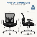 DUMOS Big and Tall Office Desk Chair with Lumbar Support, 500lbs Heavy Duty Mesh Ergonomic Computer Chair with 4D Armrest and Wide Comfy Seat, Swivel Wheels for Adult, Black