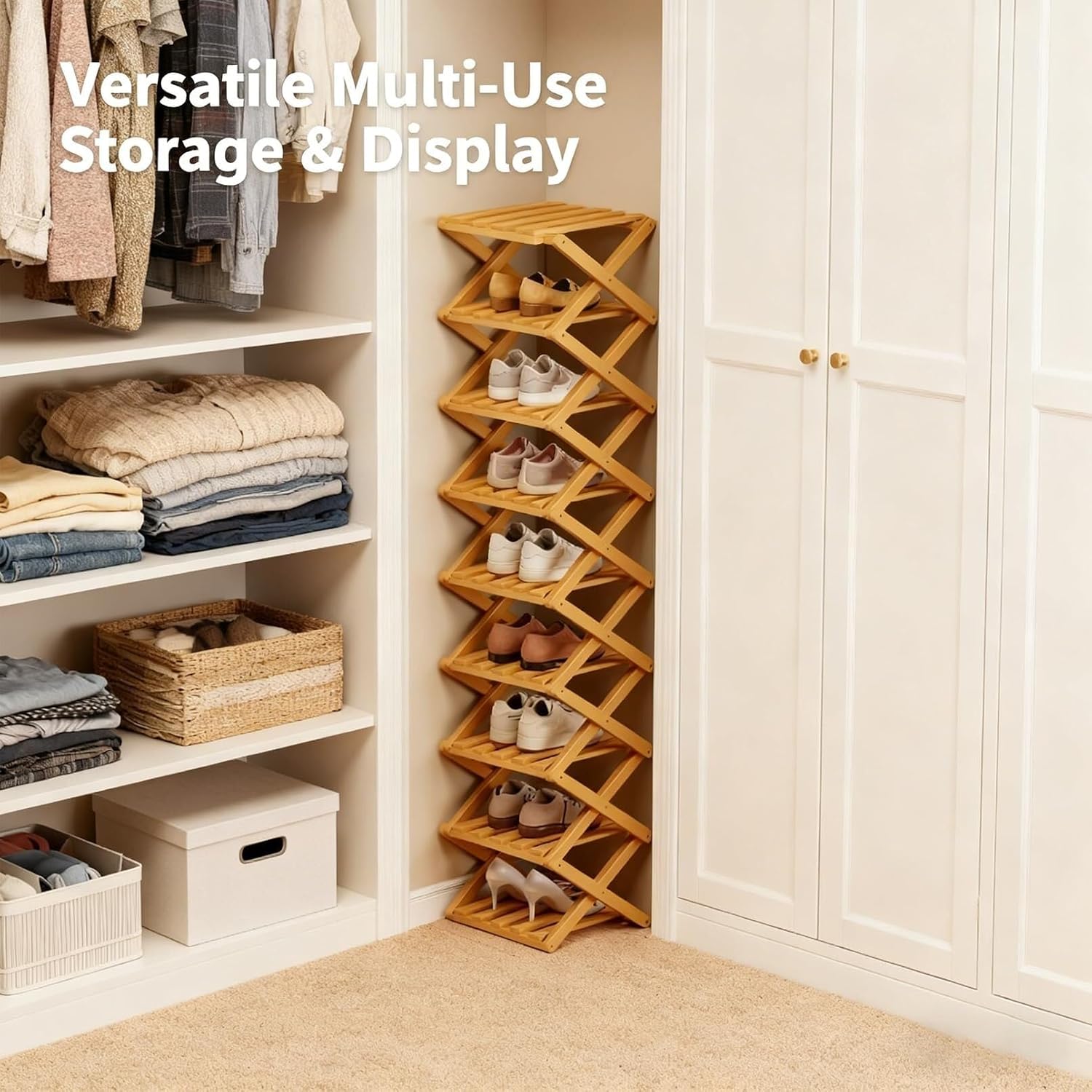 9-Tier Pre-Assembled Bamboo Storage Rack — A Space-Saving Shoe Organizer Perfect for Entryways, Closets, and Dorm Rooms.