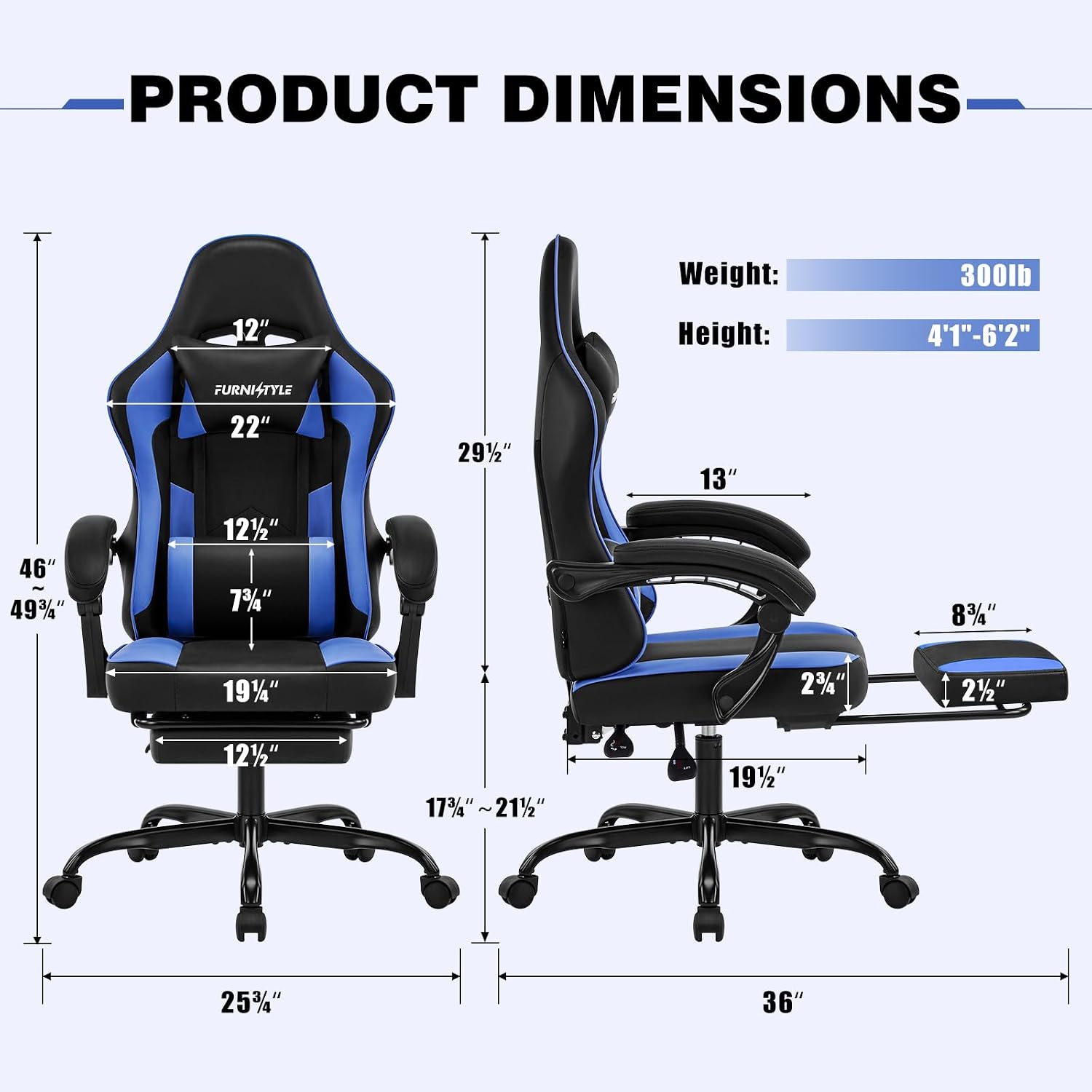 Gaming Chair with Footrest, Comfy Video Game Chairs for Adults Boys with Adjustable Lumbar Support, Linkage Armrests, Reclining Ergonomic Computer Chair for Gaming Office, 360°Swivel, Blue