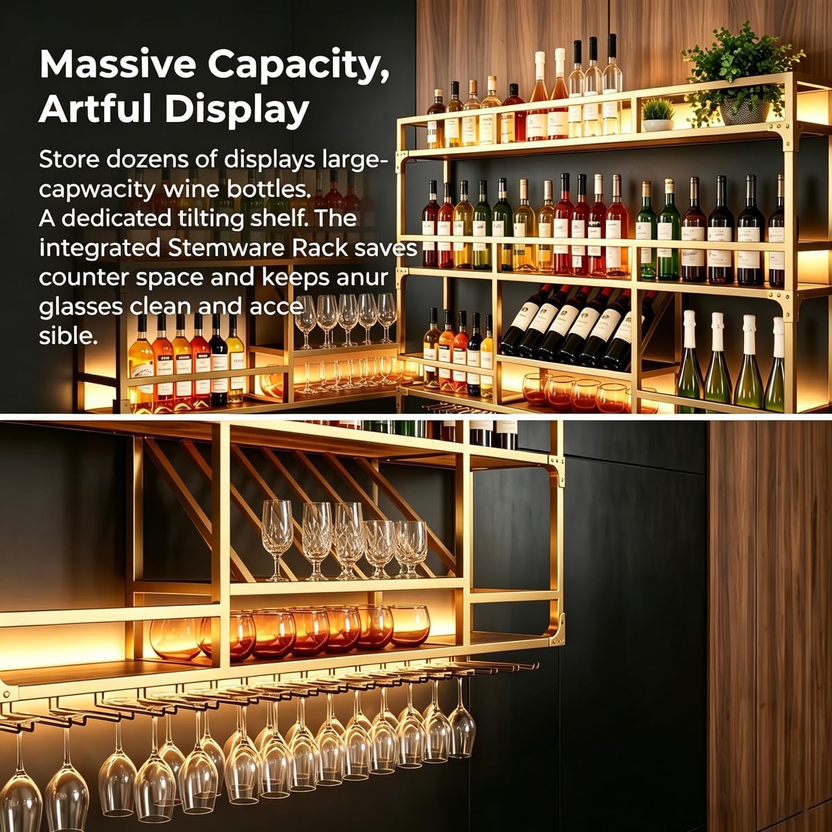 47in Wall Mounted Wine Rack, Floating Industrial Liquor Glass Holder 3 Tiers, Large Metal Wine Bottle Display Rack Hanging Shelf, for Home Bar Dining Room Decorative