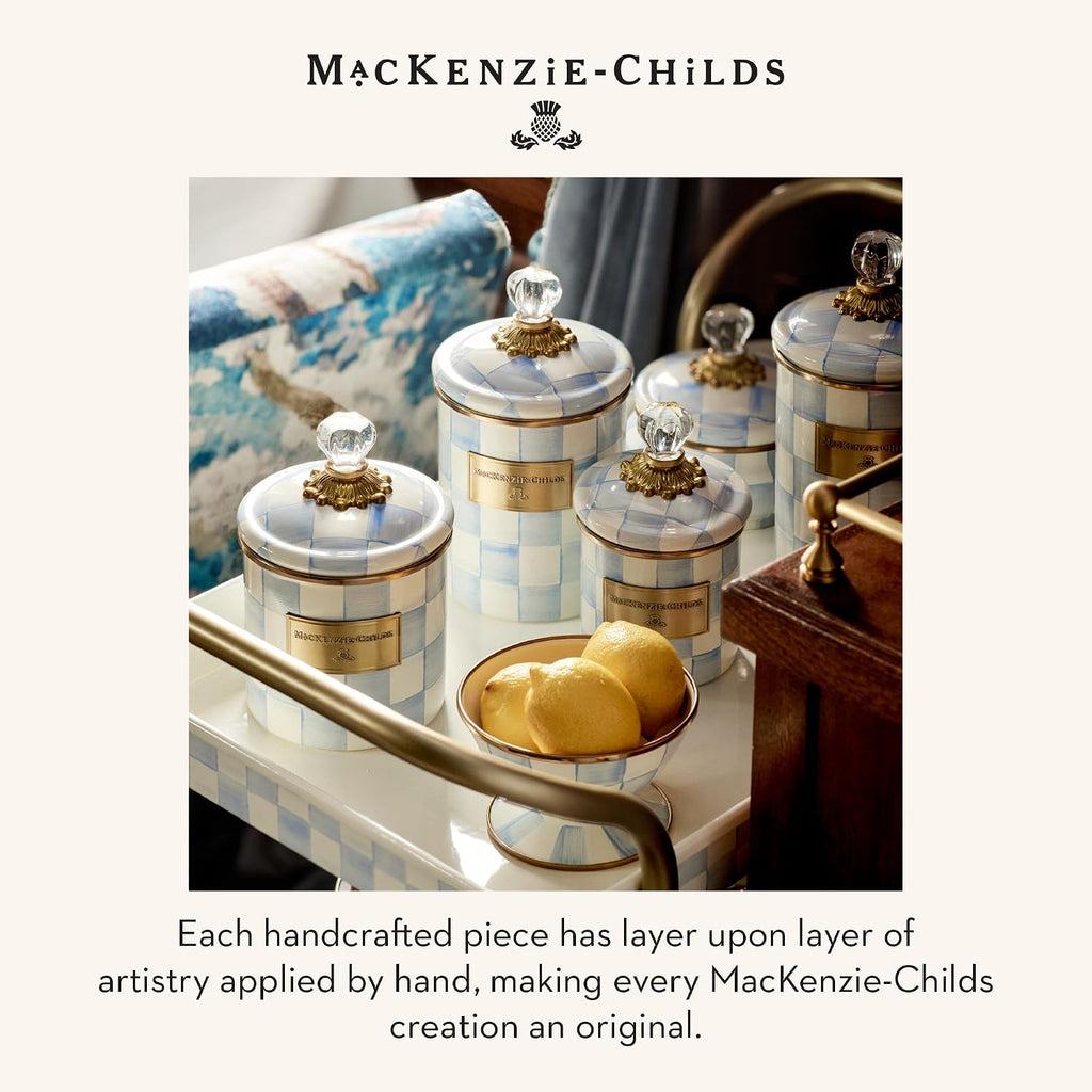 MACKENZIE-CHILDS Enamel Canister, Kitchen Storage Container with Lid, Mini, 14-Ounce Capacity, Light-Blue-and-White Sky Check