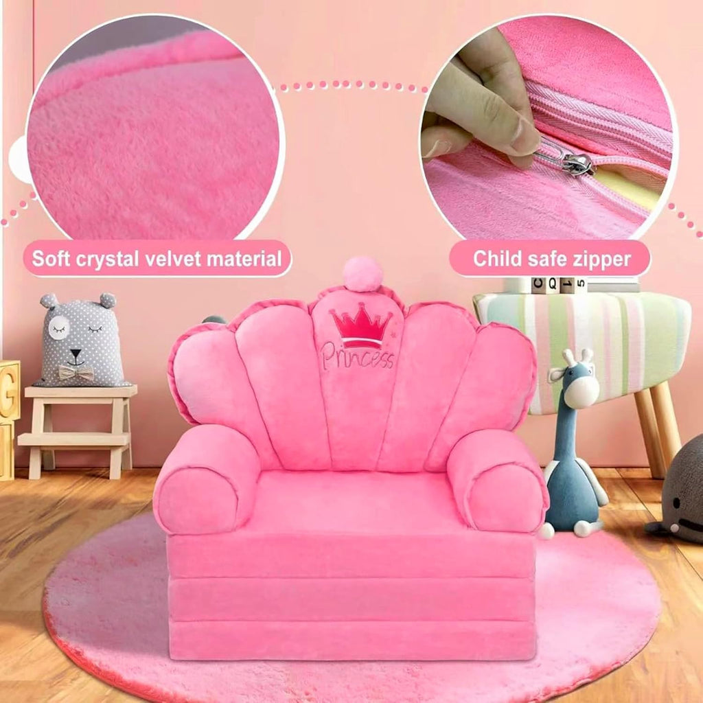 Pink Princess Toddler Couch, 2-in-1 Foldable Sofa Bed & Chair for Kids 1-5, Space-Saving for Small Rooms, Fits Multiple Spaces, Flexible Layout, Comfy Crystal Velvet, Playroom Gift
