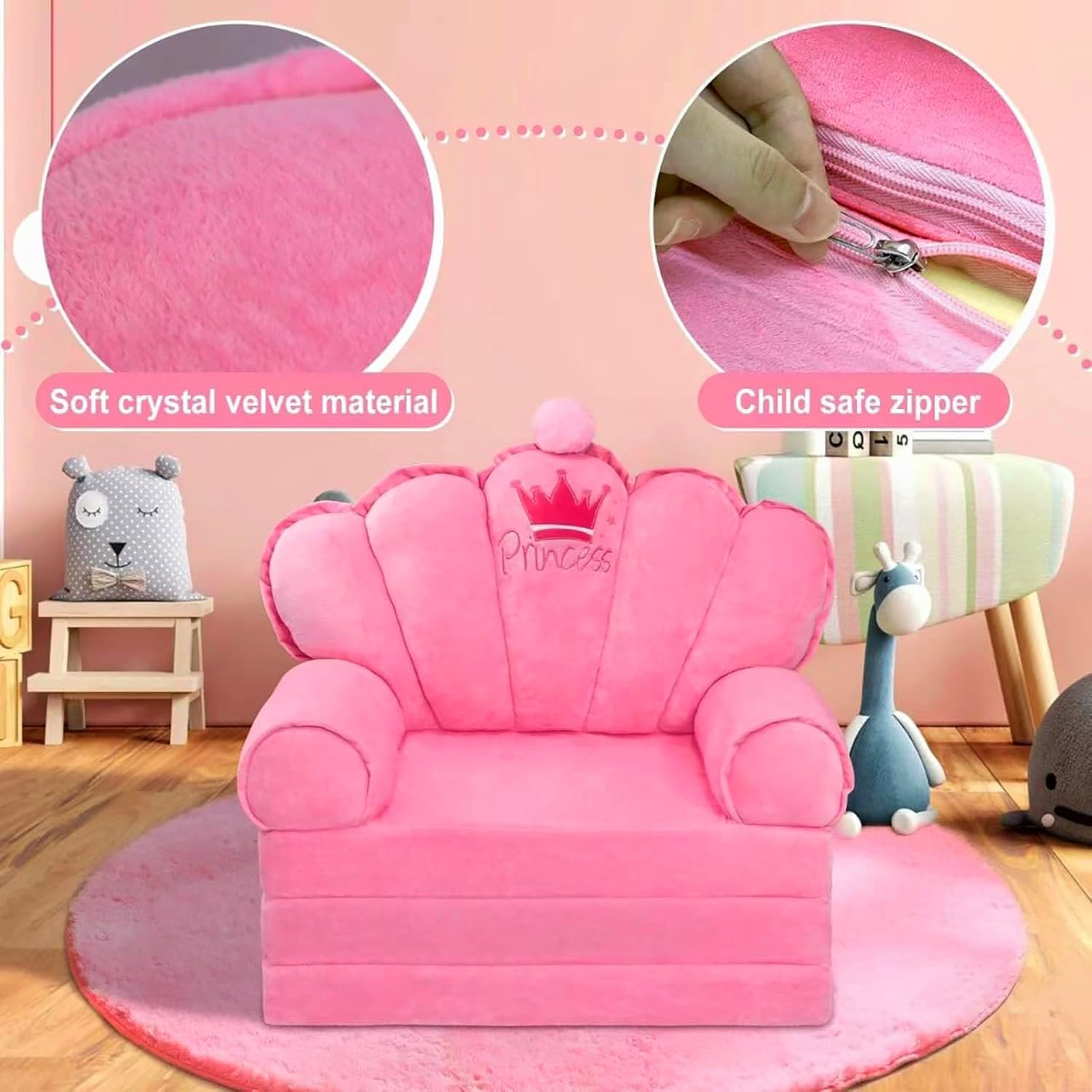 Pink Princess Toddler Couch, 2-in-1 Foldable Sofa Bed & Chair for Kids 1-5, Space-Saving for Small Rooms, Fits Multiple Spaces, Flexible Layout, Comfy Crystal Velvet, Playroom Gift