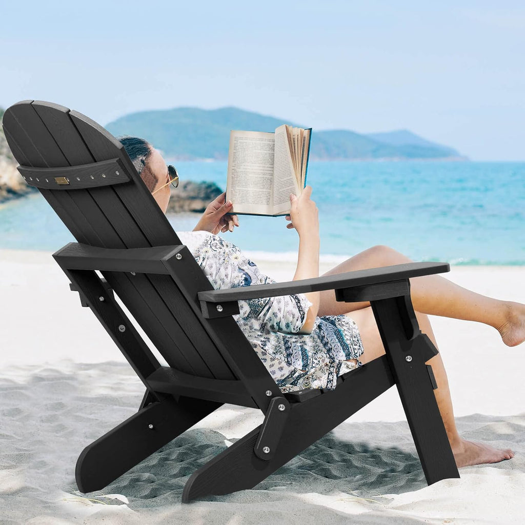 Folding Adirondack Chairs Set of 2, All Weather Resistant Plastic Chairs with Cup Holder, Fold or Unfold Easily in 1 Second, Outdoor Chairs for Patio, Garden, Backyard Deck, Lawn Fire Pit(Black)