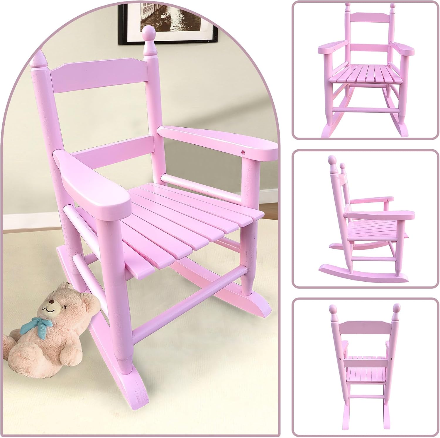Kids Rocking Chair with Slatted Seat & Backrest, Wooden Porch Rocker for Kids Age 3-8 Indoor & Outdoor, Easy Assembly (Light Pink)