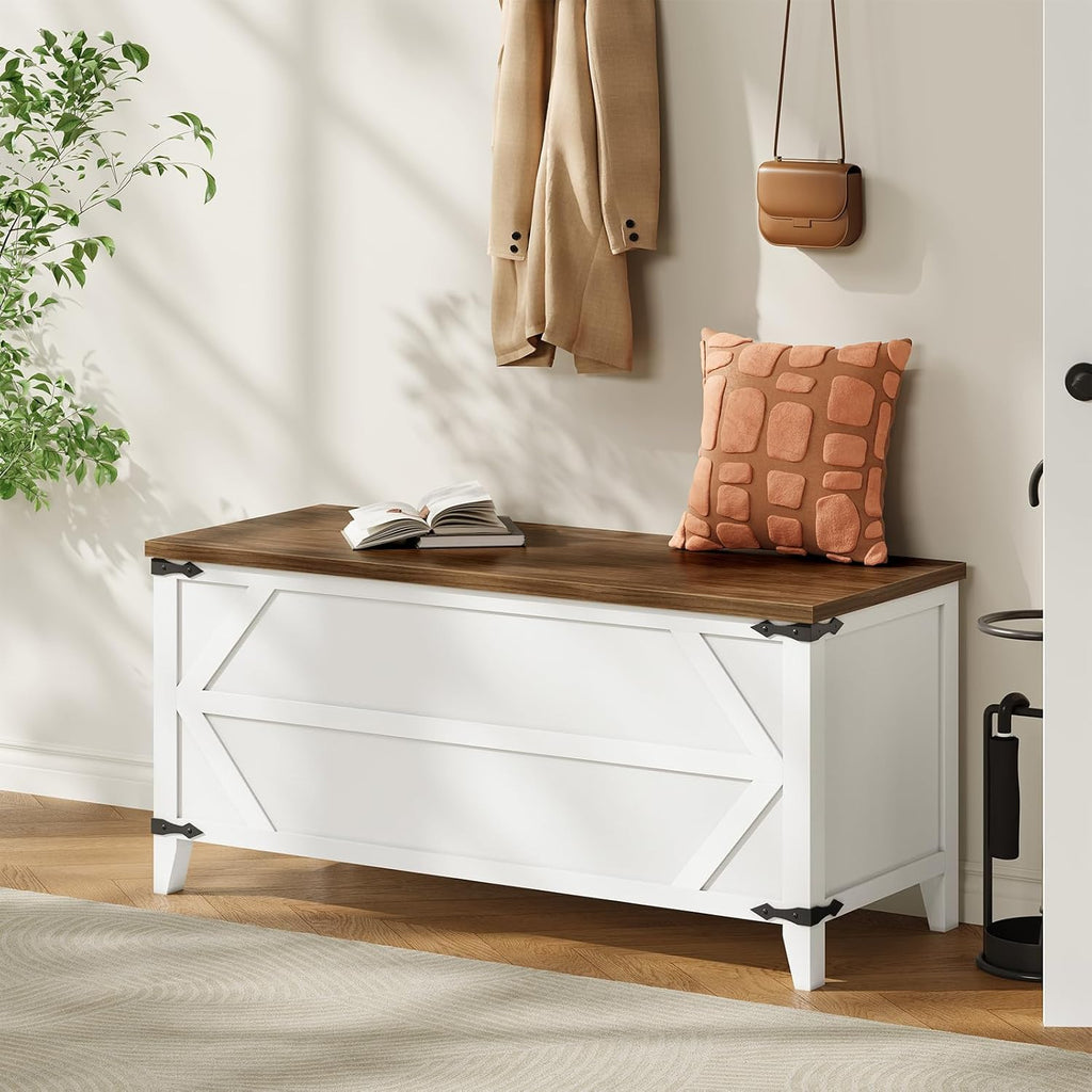 HOOBRO 43.3" Storage Bench, Toy Box with Safety Hinges, Toy Chest Storage, Wooden Storage Bench for Bedroom, Living Room, White and Walnut WH611CW01