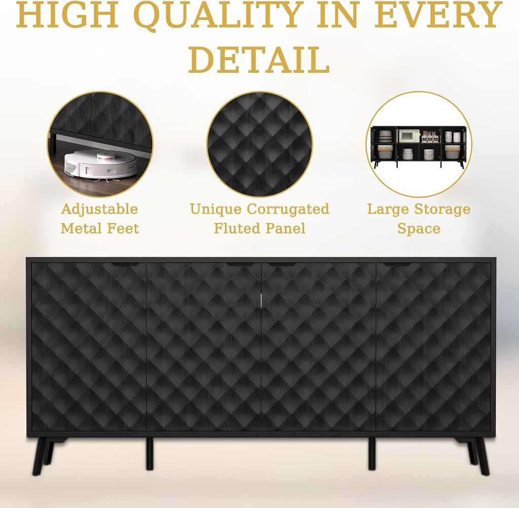 63" Fluted Sideboard Buffet Cabinet with Storage, Diamond Shaped Relief Storage Cabinet with 4 Doors and Adjustable Shelves for Living Room, Entryway, Hallway (Black)
