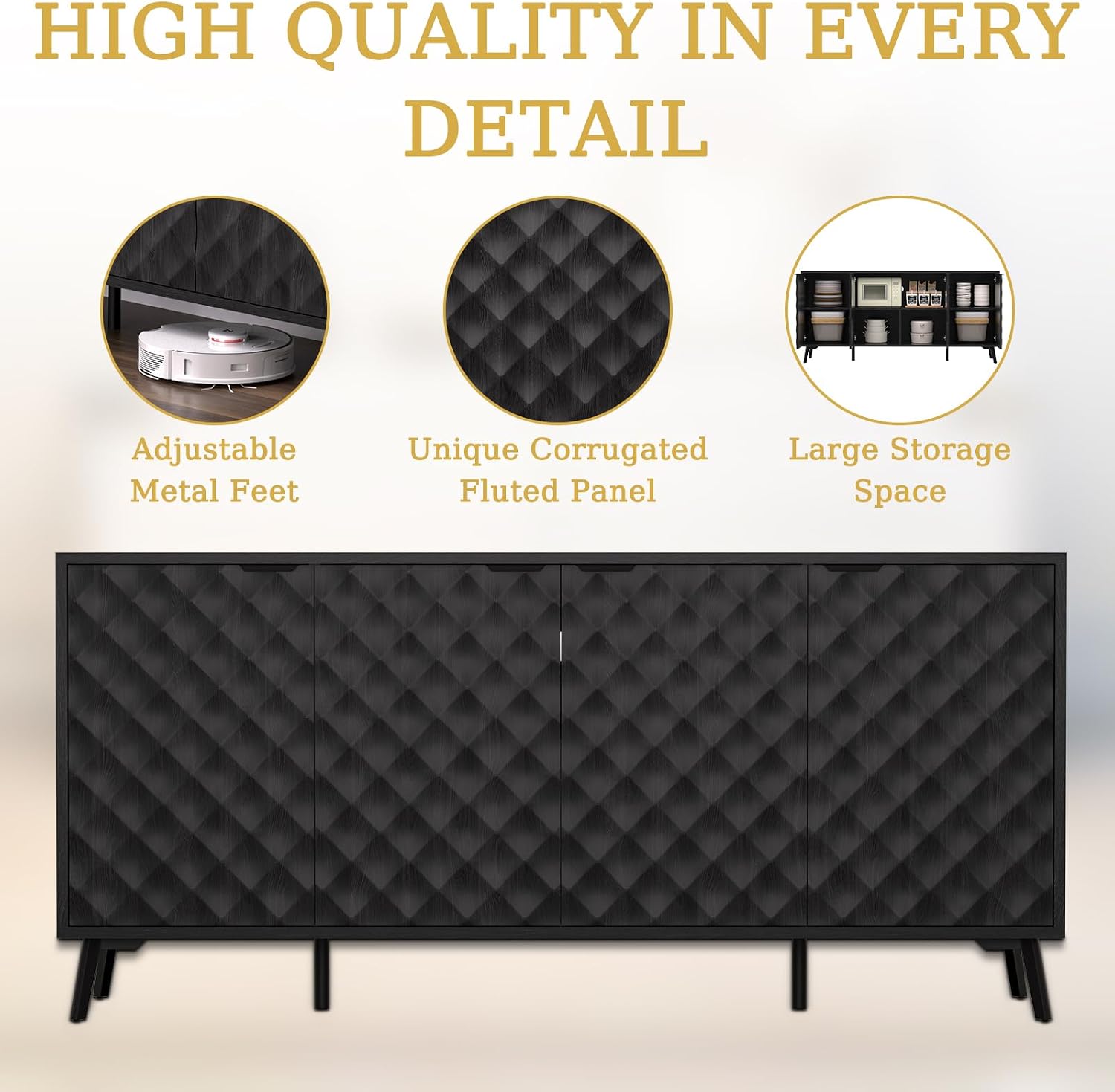 63" Fluted Sideboard Buffet Cabinet with Storage, Diamond Shaped Relief Storage Cabinet with 4 Doors and Adjustable Shelves for Living Room, Entryway, Hallway (Black)