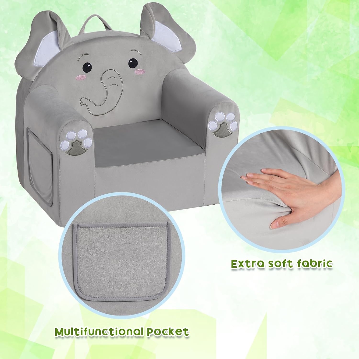 ALIMORDEN Animal Kids Chair, Toddler Sofa for Ages 1-6, Sherpa Kids Lounge Chair with Carry Handle, Washable Cover, High-Density Foam, No Assembly Required Plush Kids Seating (Elephant)
