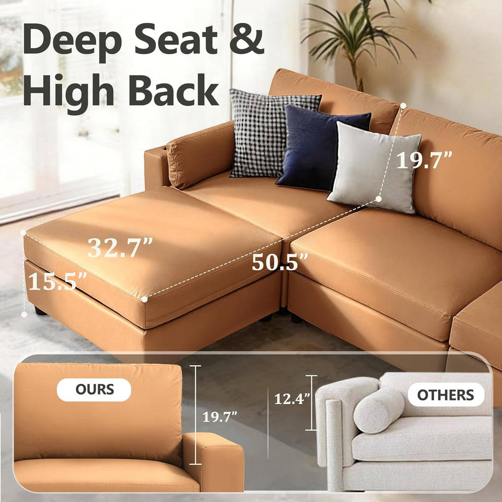 Leather Sectional Sofa, 117" Oversized Modular Sectional Couch, Deep Seat Scratch Resistant Faux Leather Couches, Wide L Shaped Vegan Leather Sofa, (Brown, 3-Seater & Ottoman)