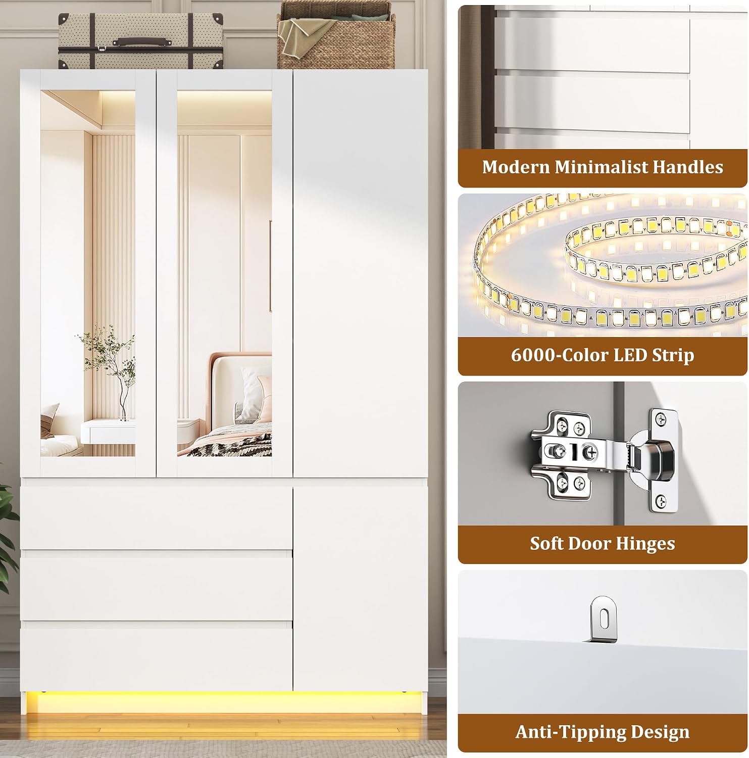 75"H Tall Modern 3 Doors Wooden Armoire Wardrobe Closet with 3 Drawers & 2 Mirror,Clothing Storage Cabinet with Hanging Rod,Bedroom Large Freestanding Armoires with Led Lights for Bedroom,White