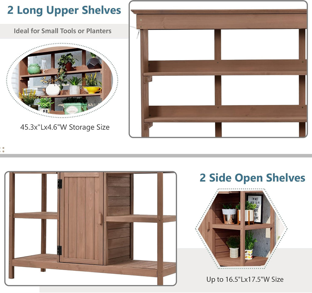 Polibi Potting Bench Table with 4 Open Shelves and 2 Drawers, 66" Large Farmhouse Wooden Outdoor Patio Workstation, Garden Potting Bench with Cabinet for Backyard, Mudroom (Brown, 66'')