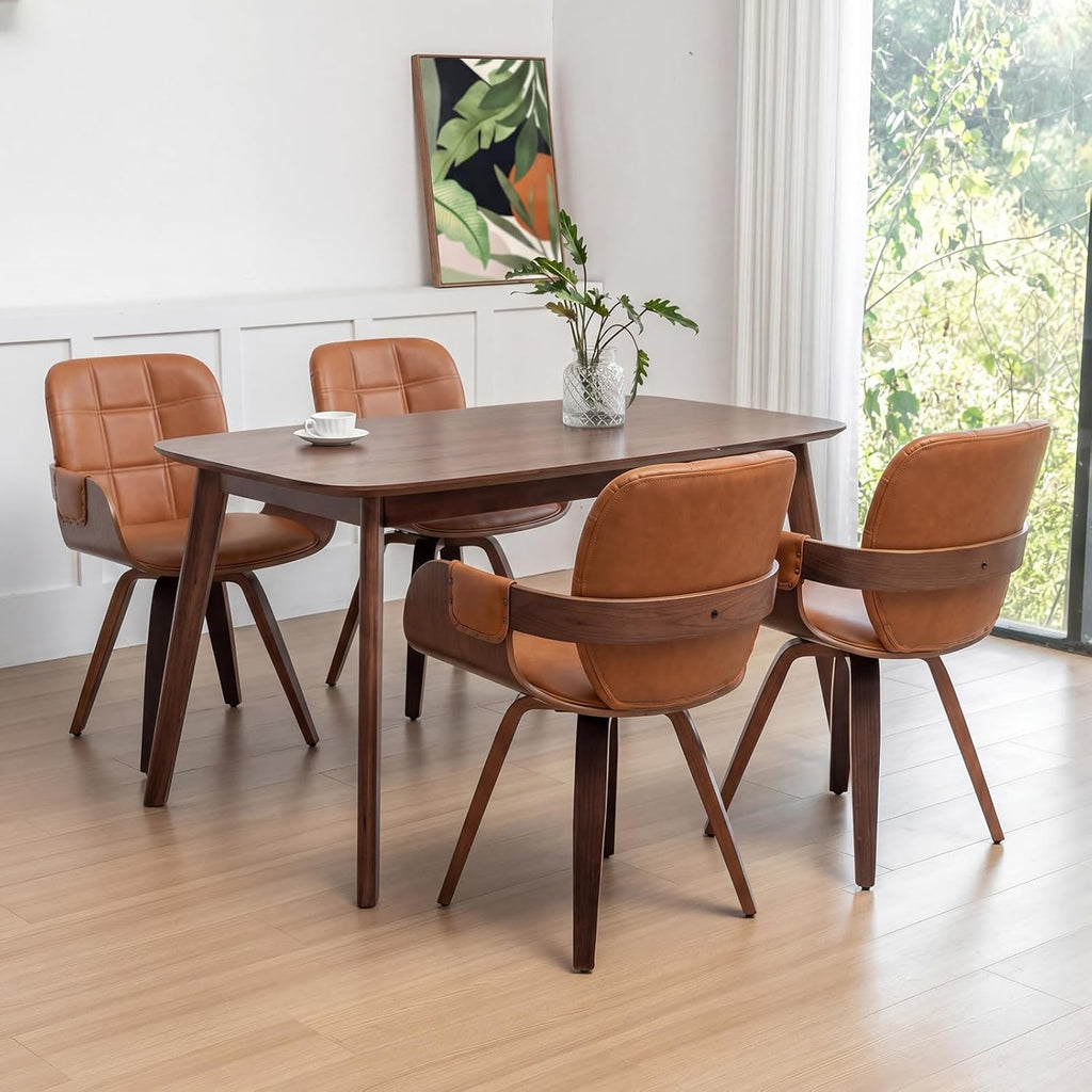 Set of 2 Mid Century Modern Chairs, Walnut Brown | Swivel Dining Chairs, With Arms and Curved Back, Faux Leather, Reception Room Chairs
